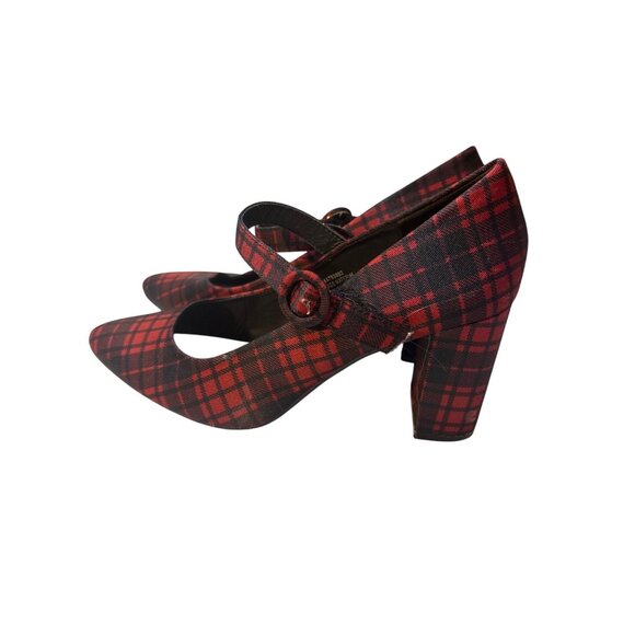 Red & Black Plaid Mary Jane Heels Dark Academia Size 9M - Picture 1 of 6